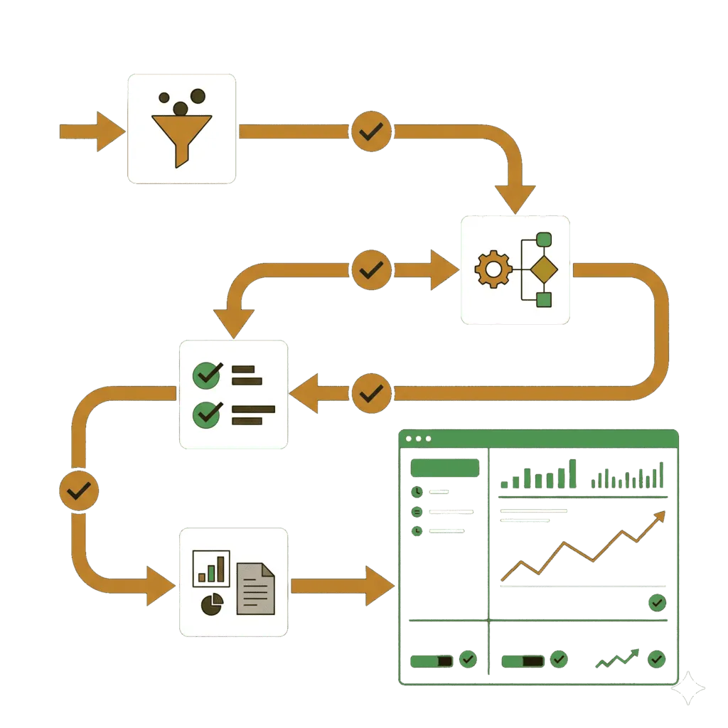 Diagrama del flujo de trabajo: de procesos manuales y dispersos a un sistema automatizado con dashboard de control.